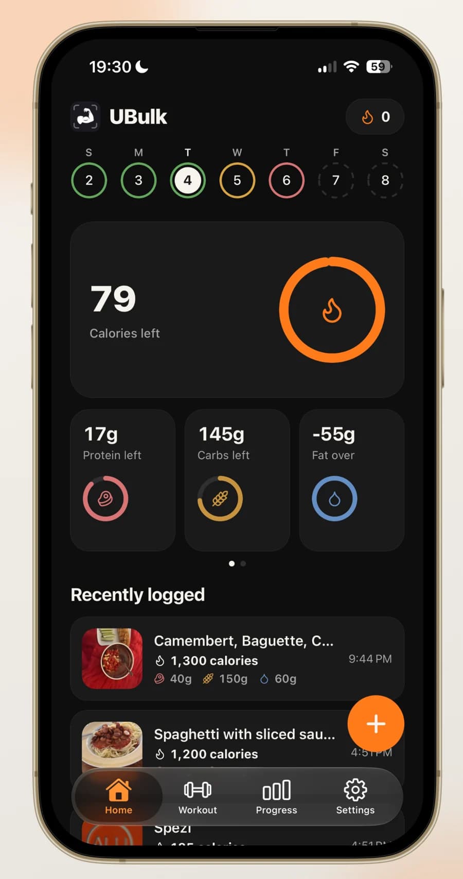 UBulk food log showing remaining calories, macro targets and recently logged meals